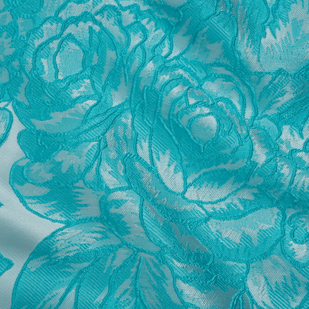 Polyester Brocade - Pale Blue and Turquoise Cabbage Roses