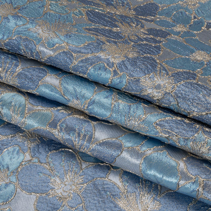 Metallic Brocade - Blue and Gold Floating Blossoms