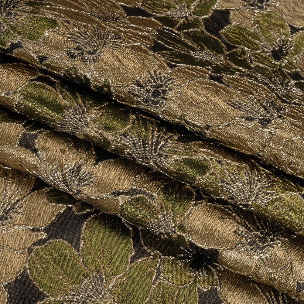 Metallic Brocade - Olive Green, Beige and Gold Floating Blossoms