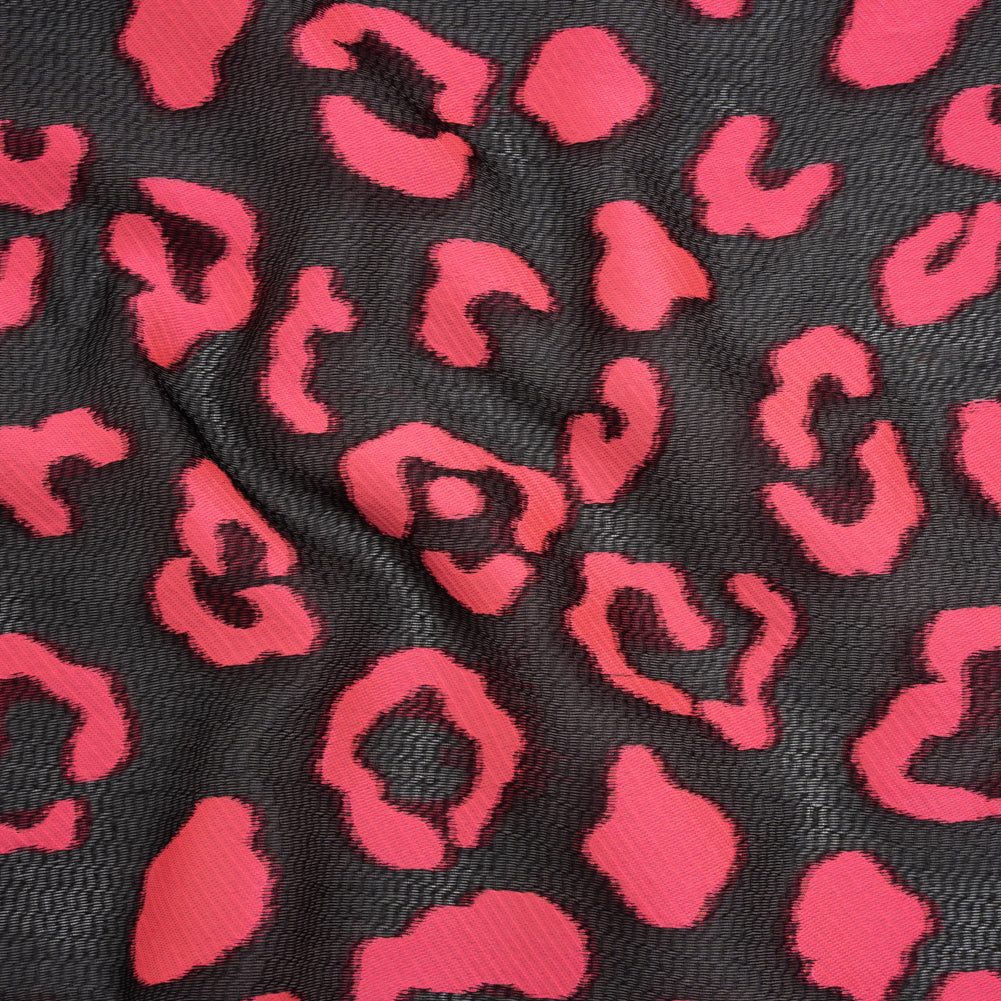Lightweight Textured Burnout Brocade - Bright Pink and Black Animal Spots