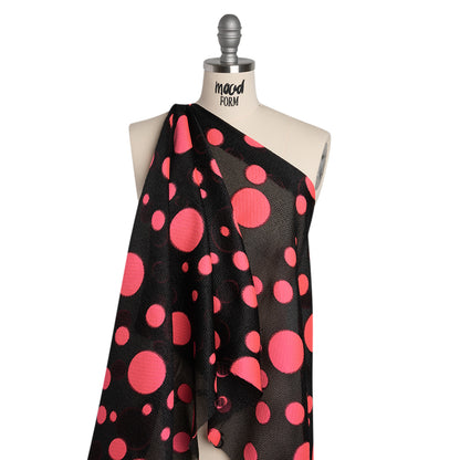 Lightweight Textured Burnout Brocade - Bright Pink and Black Polka Dots