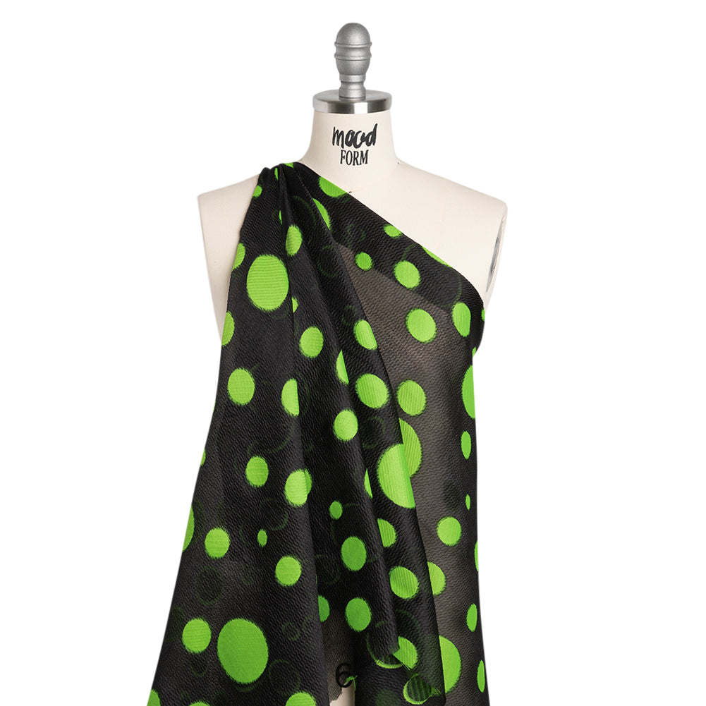 Lightweight Textured Burnout Brocade - Lime Green and Black Polka Dots - Drape