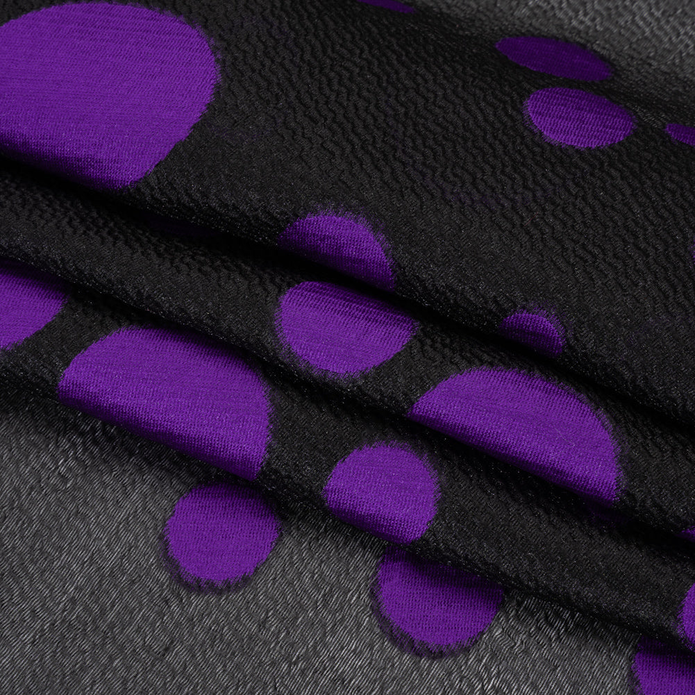 Lightweight Textured Burnout Brocade - Purple and Black Polka Dots - Folded