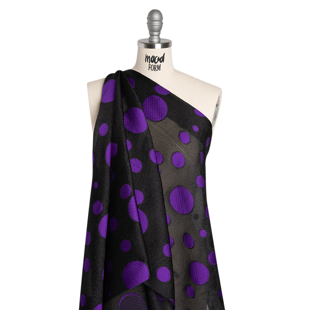 Lightweight Textured Burnout Brocade - Purple and Black Polka Dots - Drape