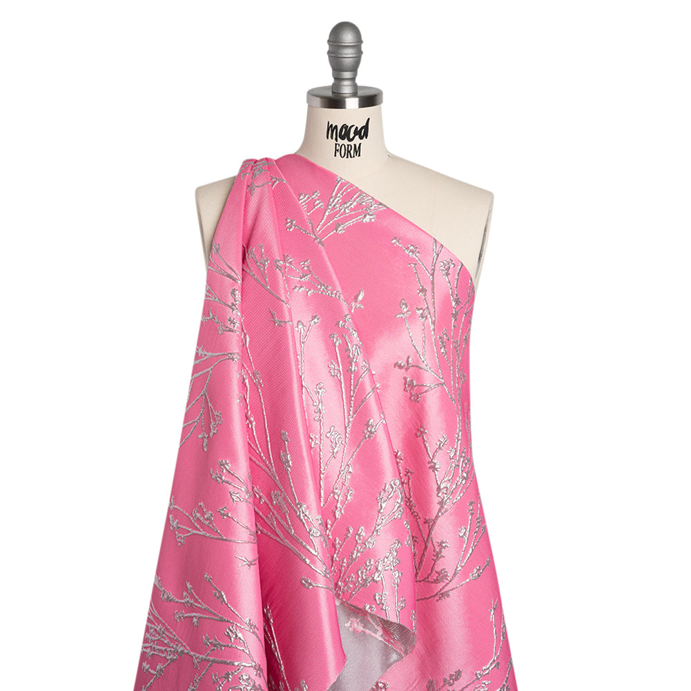 Metallic Brocade - Bubblegum Pink and Silver Flowering Branches - Drape