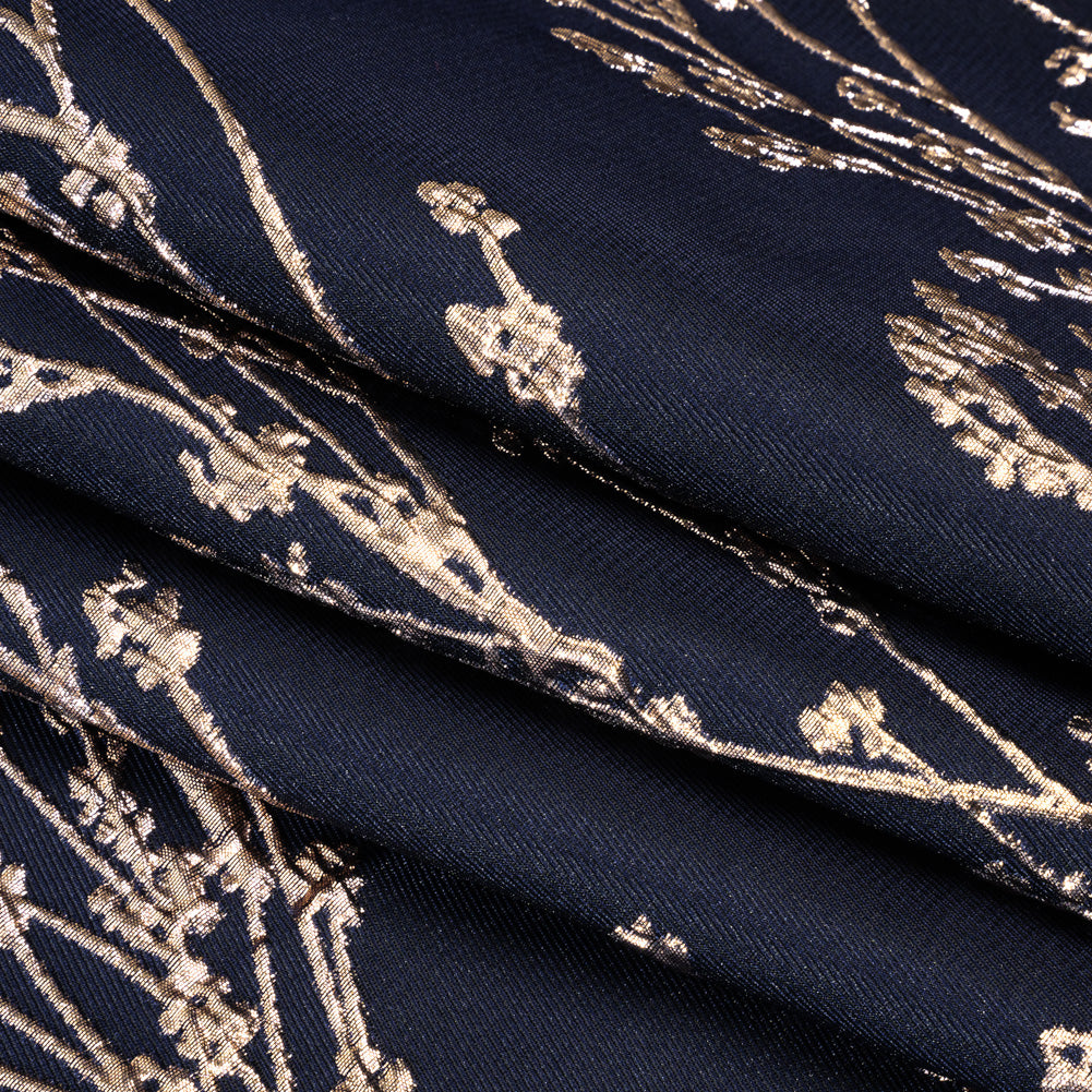 Metallic Brocade - Midnight Navy and Gold Flowering Branches - Folded