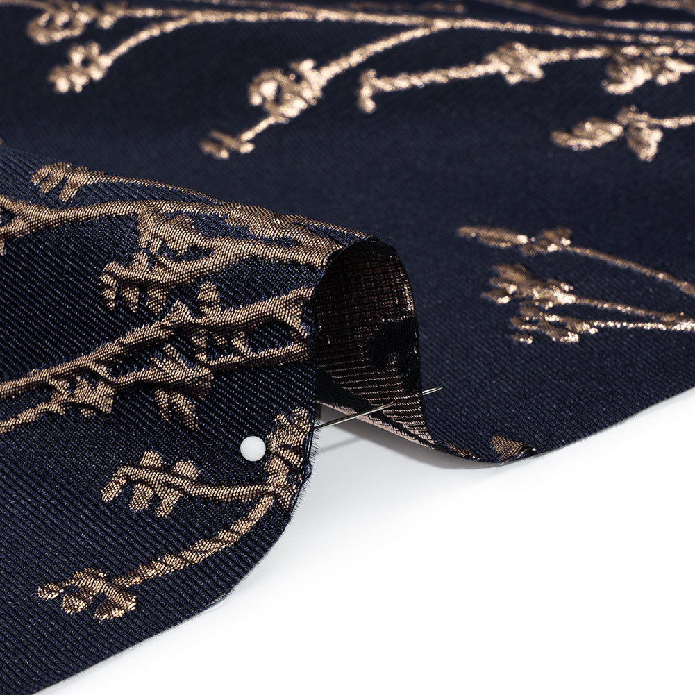Metallic Brocade - Midnight Navy and Gold Flowering Branches - Detail