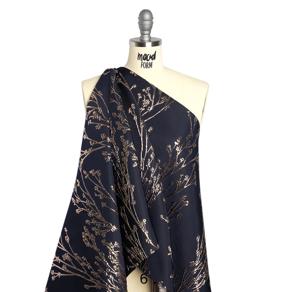 Metallic Brocade - Midnight Navy and Gold Flowering Branches - Drape