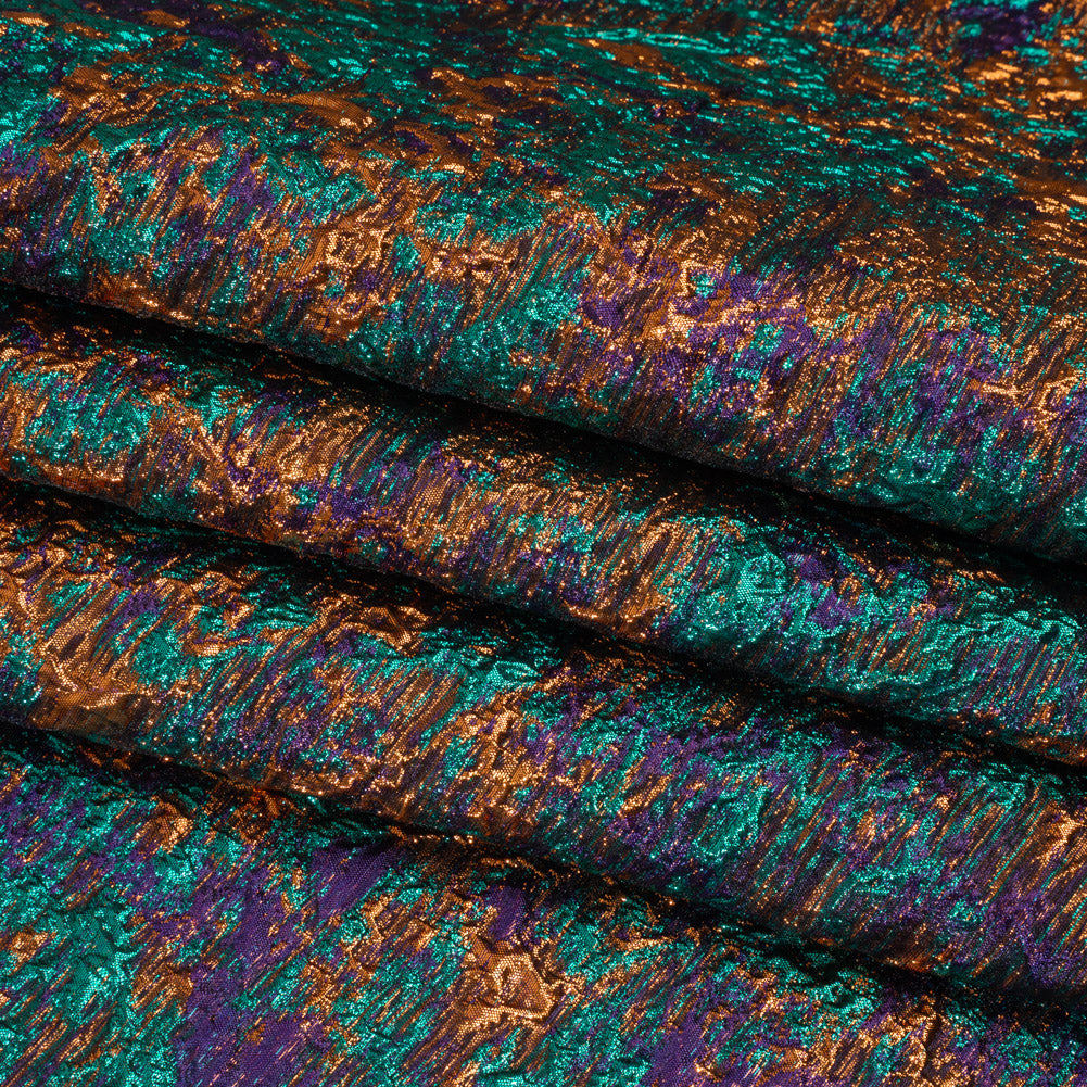 Metallic Brocade - Orange, Eggplant Purple and Teal Abstract Sponge Texture - Folded