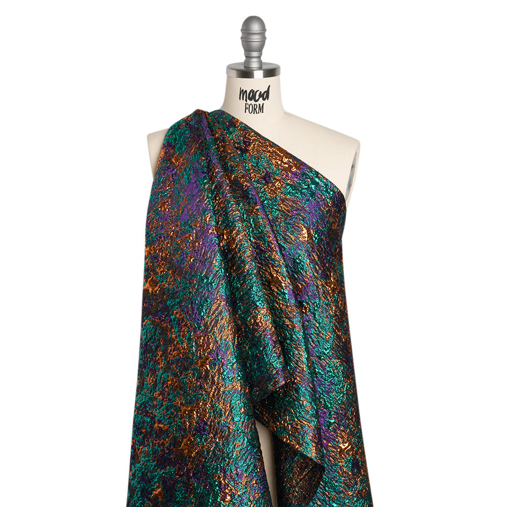 Metallic Brocade - Orange, Eggplant Purple and Teal Abstract Sponge Texture - Drape