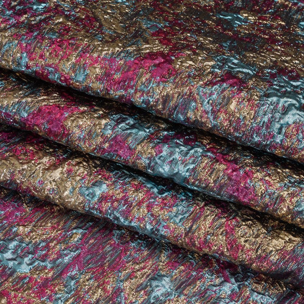 Metallic Brocade - Hot Pink, Sky Blue and Gold Abstract Sponge Texture - Folded