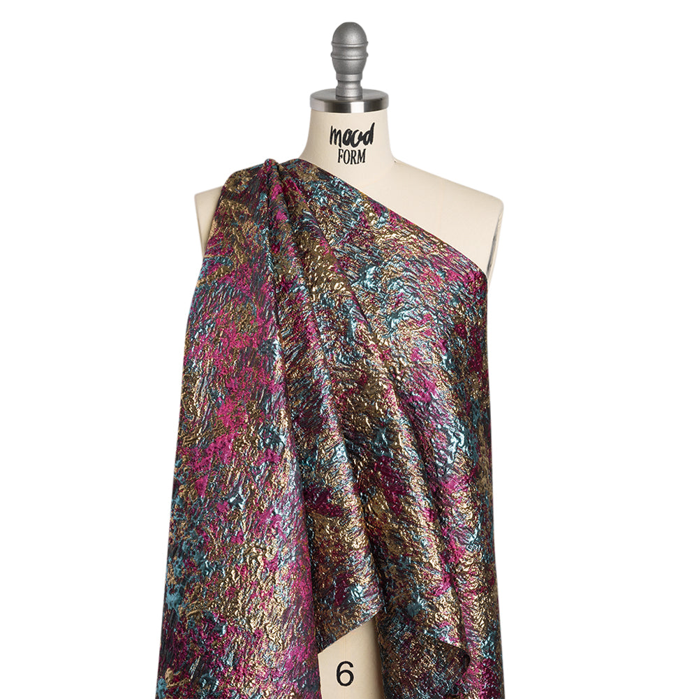 Metallic Brocade - Hot Pink, Sky Blue and Gold Abstract Sponge Texture - Drape