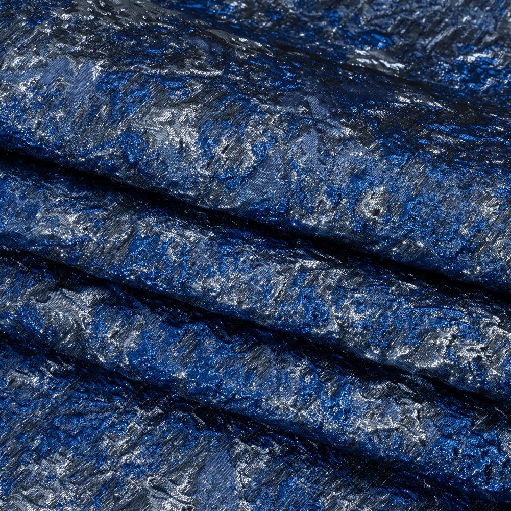 Metallic Brocade - Royal, Steel and Sky Blue Abstract Sponge Texture - Folded