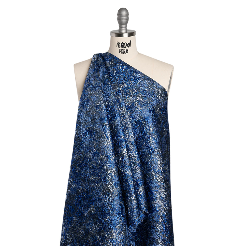 Metallic Brocade - Royal, Steel and Sky Blue Abstract Sponge Texture - Drape