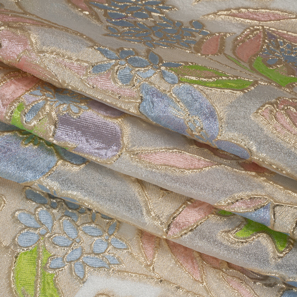 Metallic Burnout Brocade - Baby Pink, Sky Blue and Gold Festive Florals - Folded