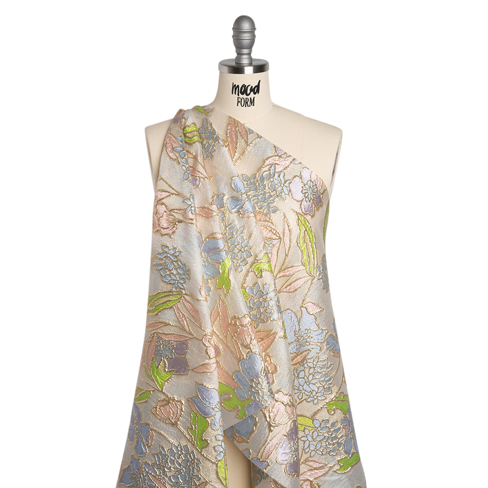 Metallic Burnout Brocade - Baby Pink, Sky Blue and Gold Festive Florals - Drape