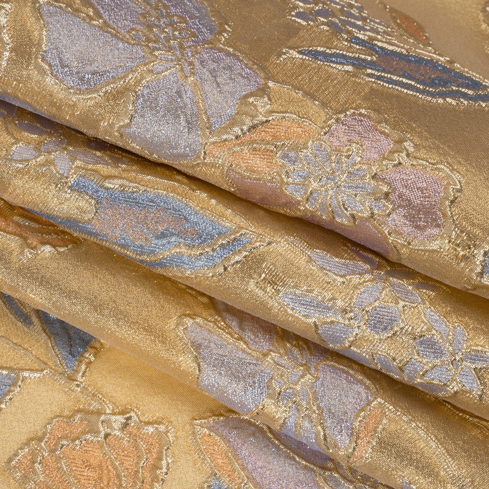 Metallic Burnout Brocade - Gold, Lilac and Country Blue Festive Florals - Folded