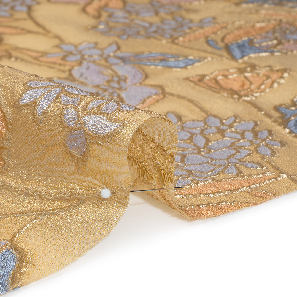 Metallic Burnout Brocade - Gold, Lilac and Country Blue Festive Florals - Detail