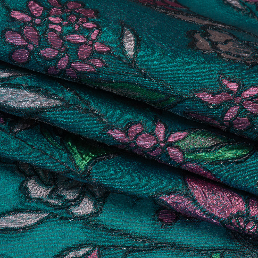 Metallic Burnout Brocade - Dark Teal, Pink and Black Festive Florals