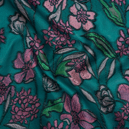 Metallic Burnout Brocade - Dark Teal, Pink and Black Festive Florals