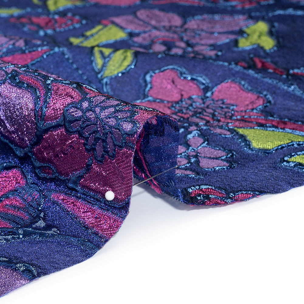 Metallic Burnout Brocade - Pink, Purple and Royal Blue Festive Florals - Detail