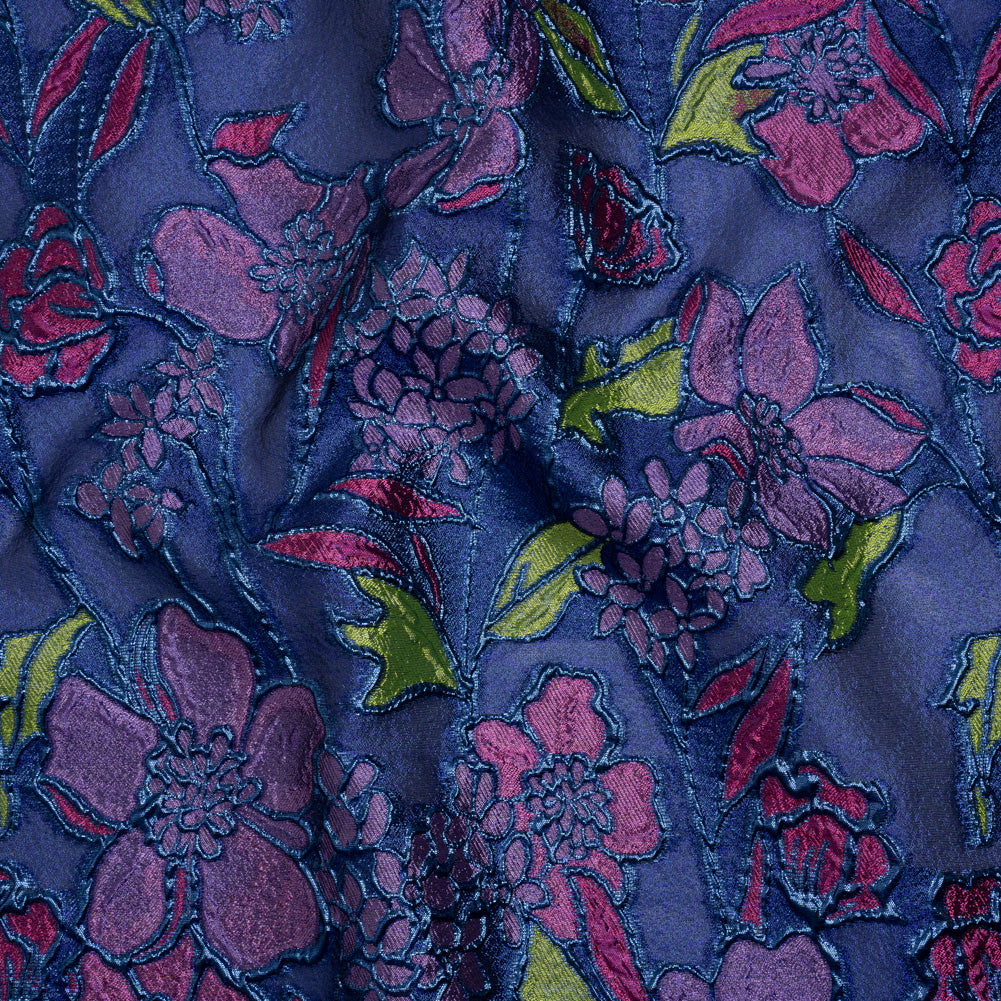 Metallic Burnout Brocade - Pink, Purple and Royal Blue Festive Florals