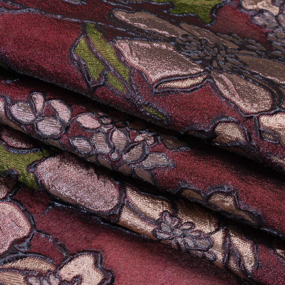 Metallic Burnout Brocade - Burgundy, Peachy Beige and Navy Festive Florals