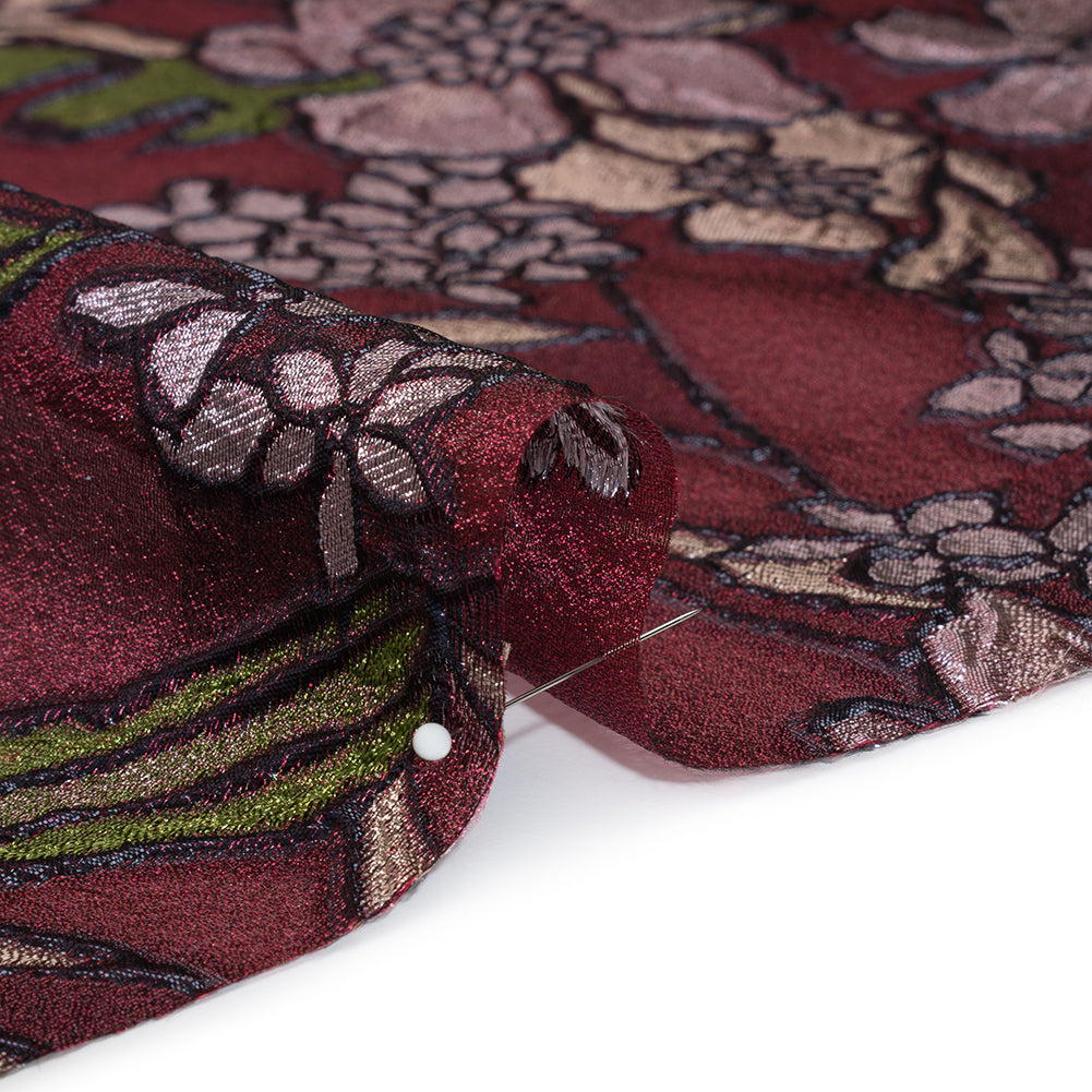 Metallic Burnout Brocade - Burgundy, Peachy Beige and Navy Festive Florals