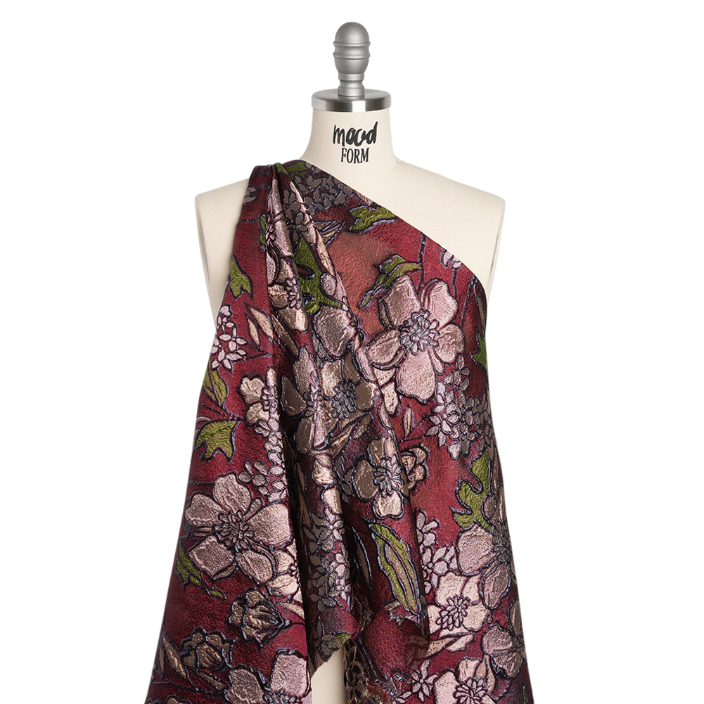 Metallic Burnout Brocade - Burgundy, Peachy Beige and Navy Festive Florals