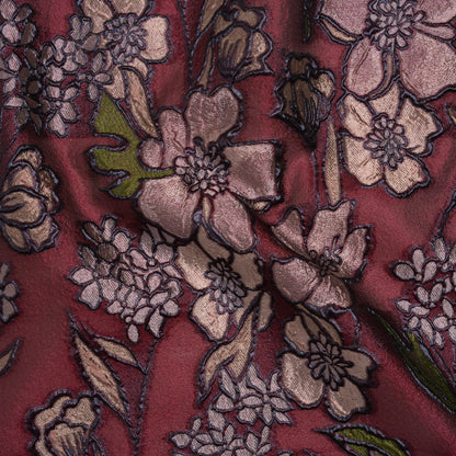 Metallic Burnout Brocade - Burgundy, Peachy Beige and Navy Festive Florals