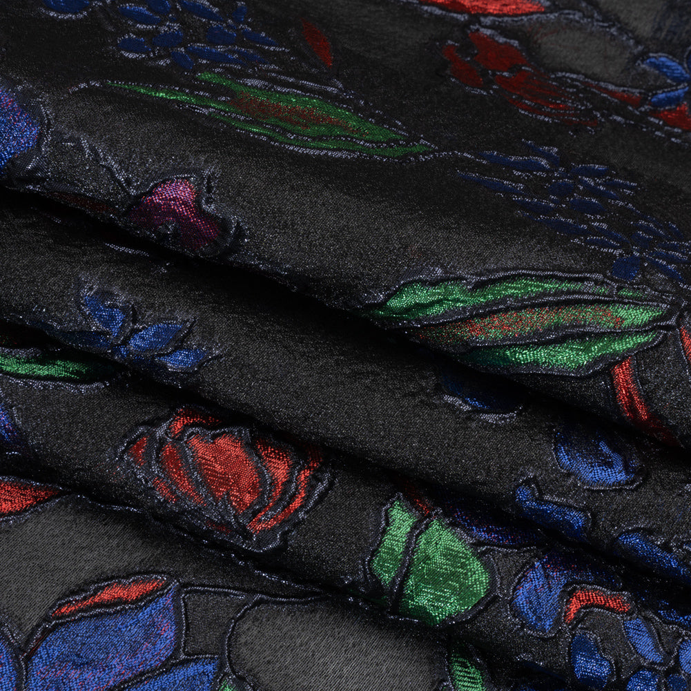 Metallic Burnout Brocade - Black, Red and Blue Festive Florals