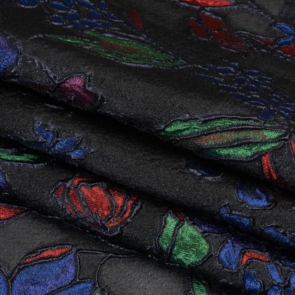 Metallic Burnout Brocade - Black, Red and Blue Festive Florals