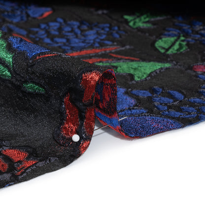 Metallic Burnout Brocade - Black, Red and Blue Festive Florals