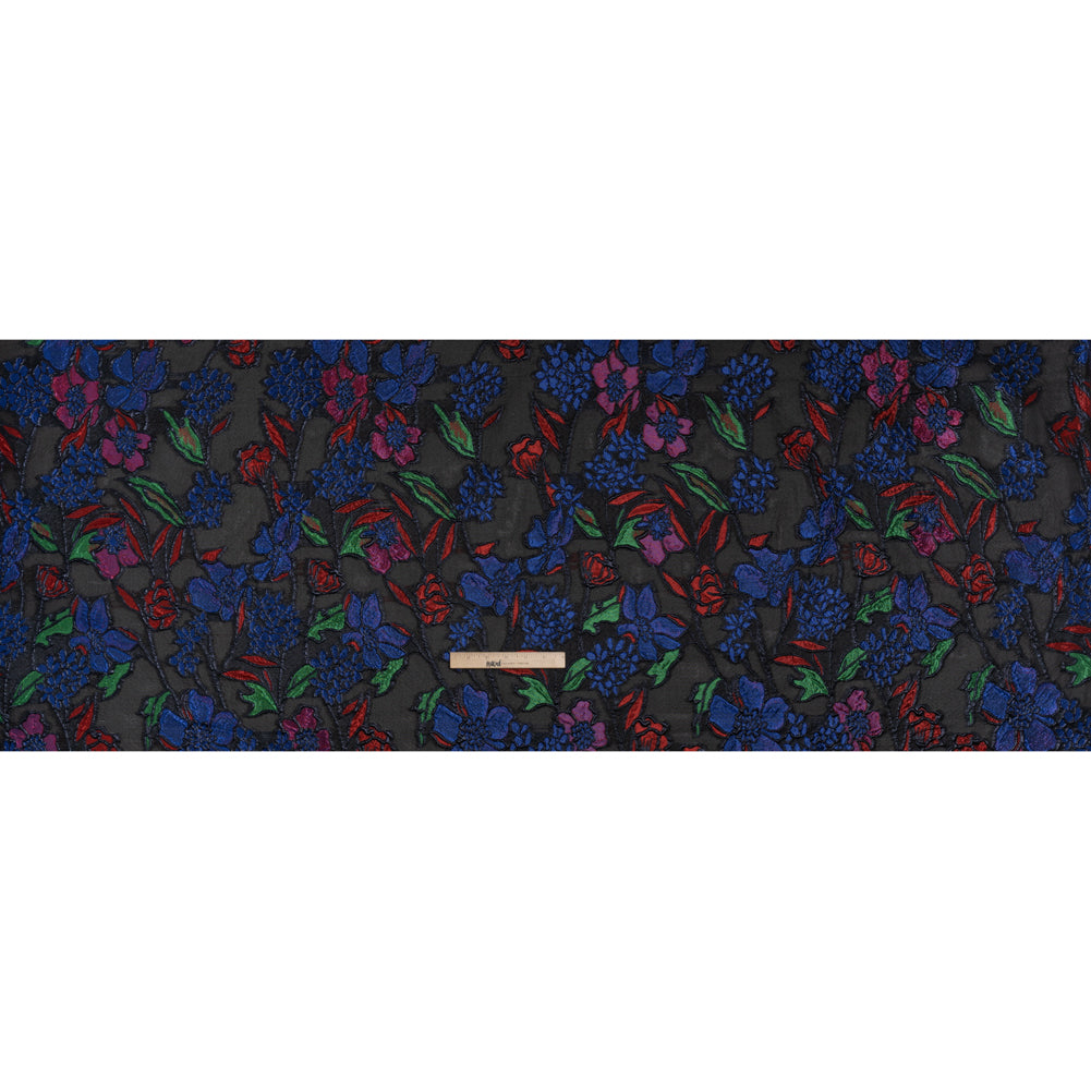 Metallic Burnout Brocade - Black, Red and Blue Festive Florals