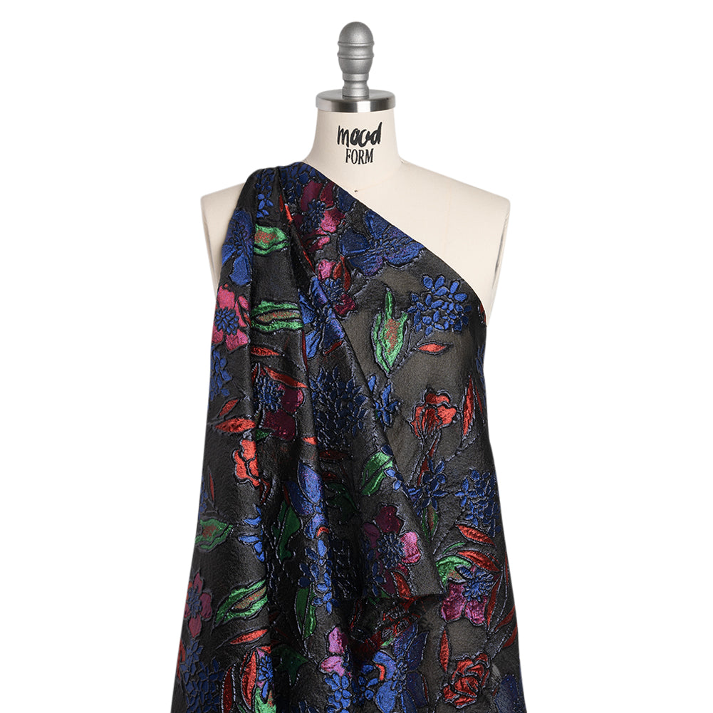 Metallic Burnout Brocade - Black, Red and Blue Festive Florals