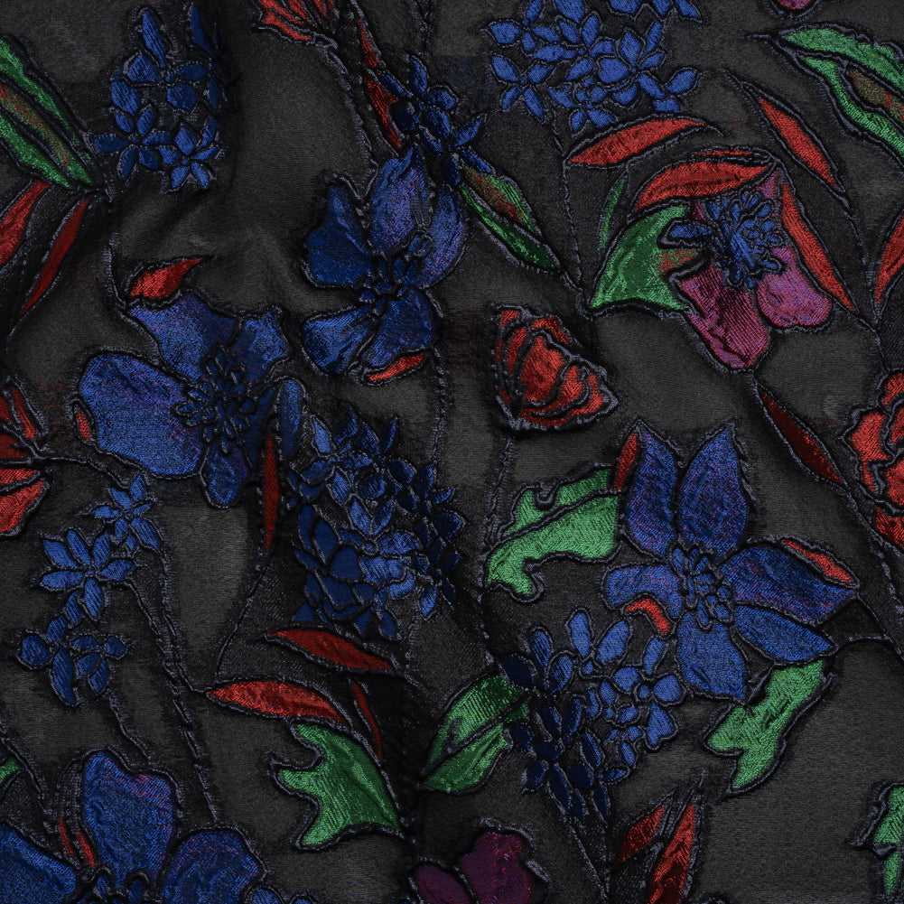 Metallic Burnout Brocade - Black, Red and Blue Festive Florals