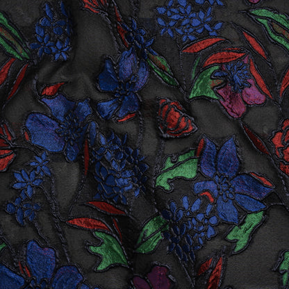Metallic Burnout Brocade - Black, Red and Blue Festive Florals