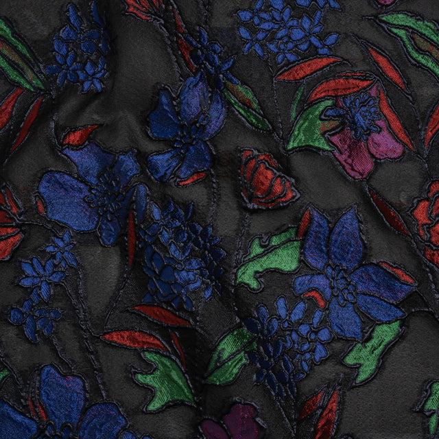 Metallic Burnout Brocade - Black, Red and Blue Festive Florals