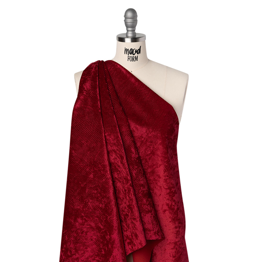 Snakeskin Embossed Polyester Crushed Velvet - Red - Mireia Collection Folded