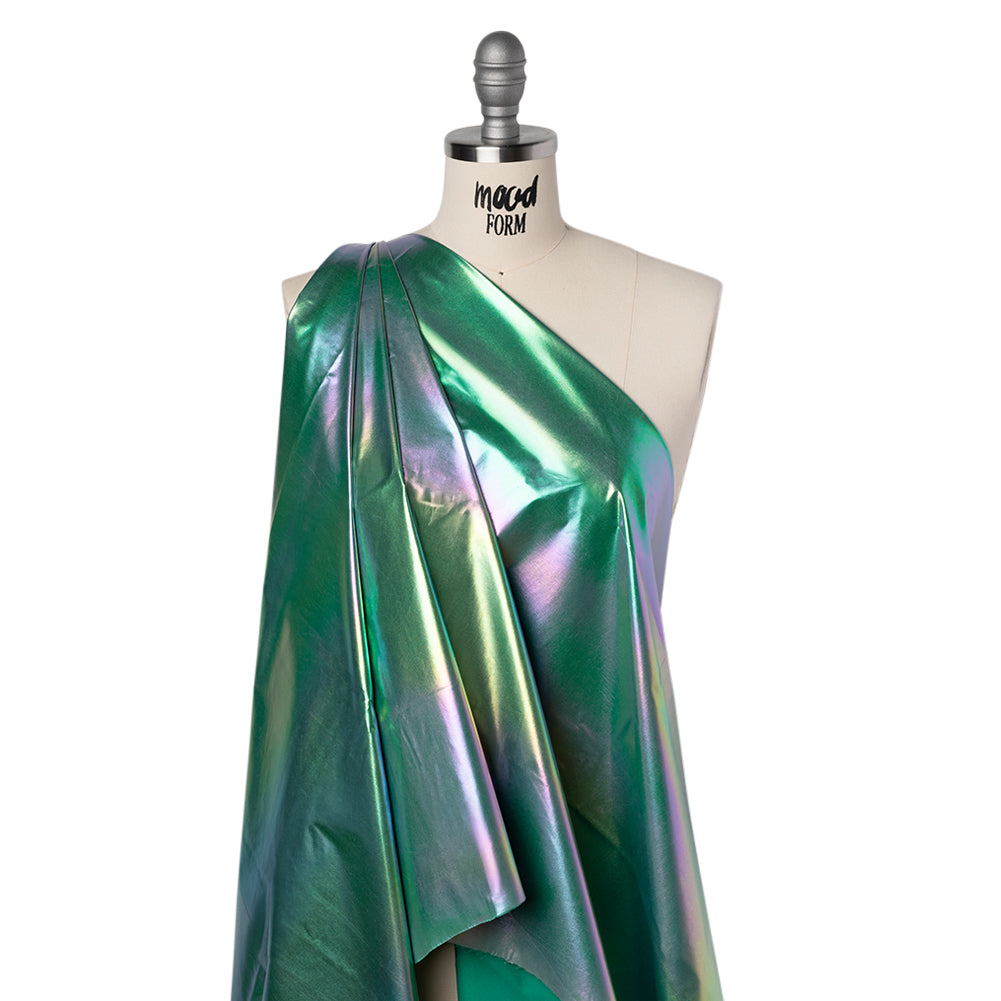 Metallic Lame Jacketing - Pastel Rainbow Ombre Stripe on Kelly Green - Inez Collection Folded
