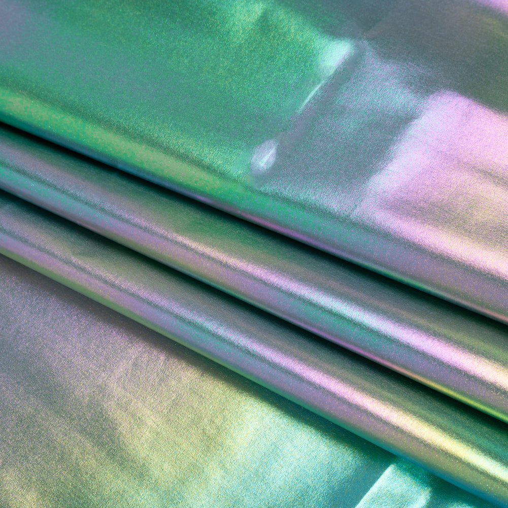 Metallic Lame Jacketing - Pastel Rainbow Ombre Stripe on Kelly Green - Inez Collection Detail