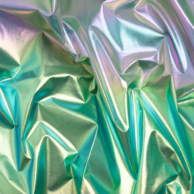 Metallic Lame Jacketing - Pastel Rainbow Ombre Stripe on Kelly Green - Inez Collection Drape