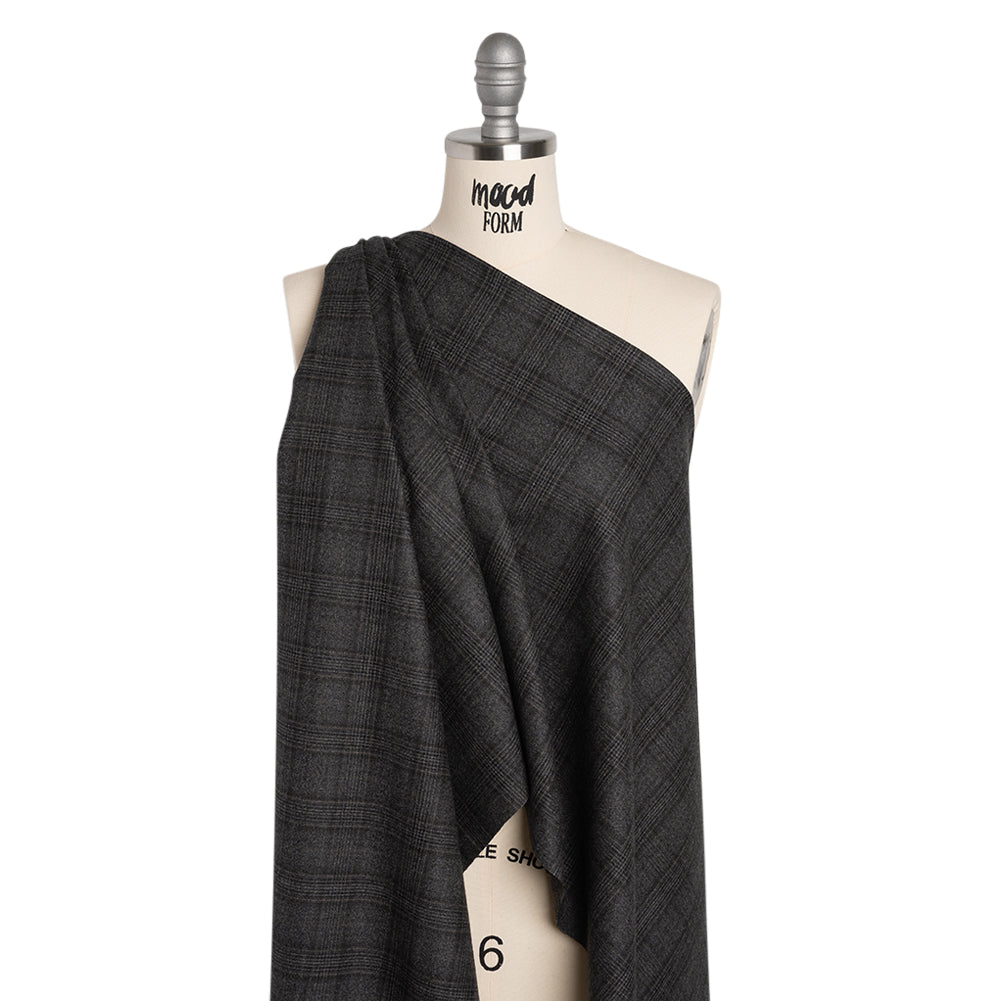 Super 130s Wool Suiting Made in Italy - Charcoal, Black and Brown Plaid - Deadstock