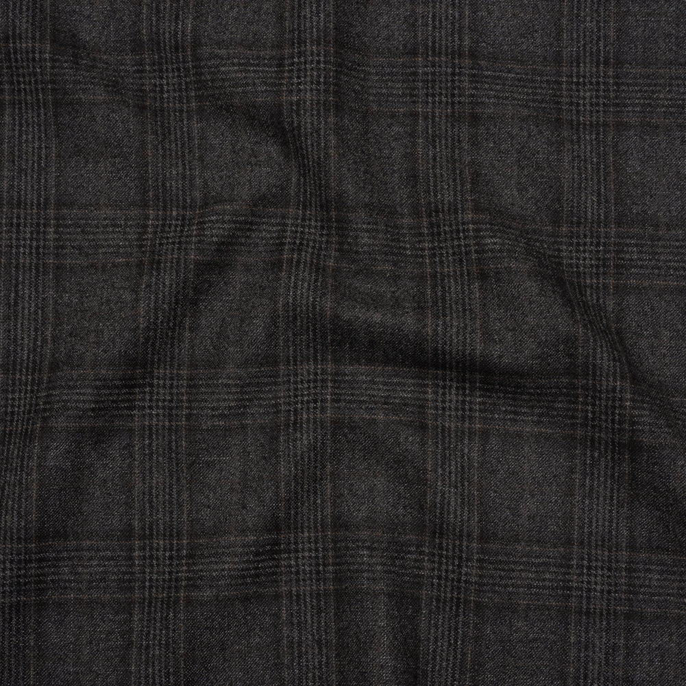Super 130s Wool Suiting Made in Italy - Charcoal, Black and Brown Plaid - Deadstock