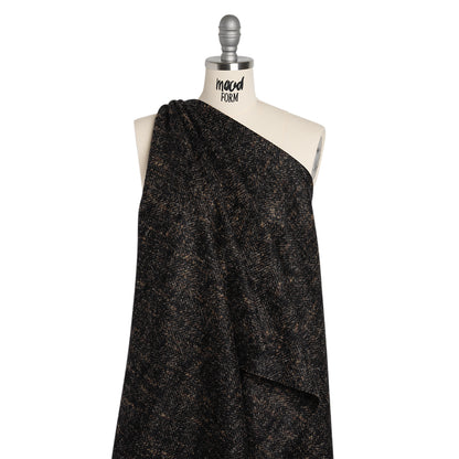Alpaca Blend Boiled Wool Coating Made in Italy - Brown and Black Mottled Herringbone - Deadstock