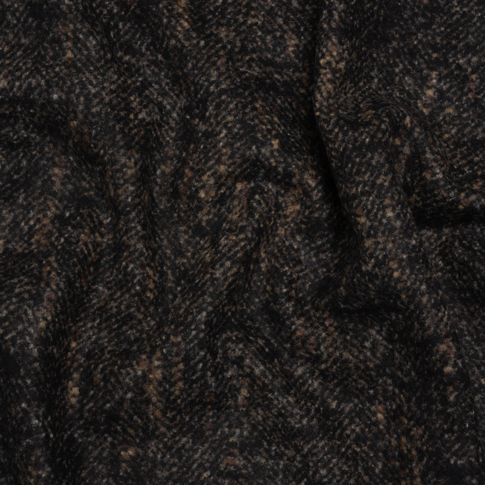 Alpaca Blend Boiled Wool Coating Made in Italy - Brown and Black Mottled Herringbone - Deadstock
