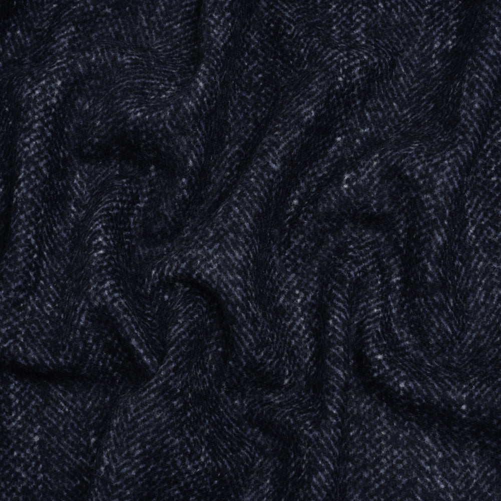 Brushed Wool and Silk Coating Made in Italy - Tweedy Blue and Navy Herringbone - Deadstock