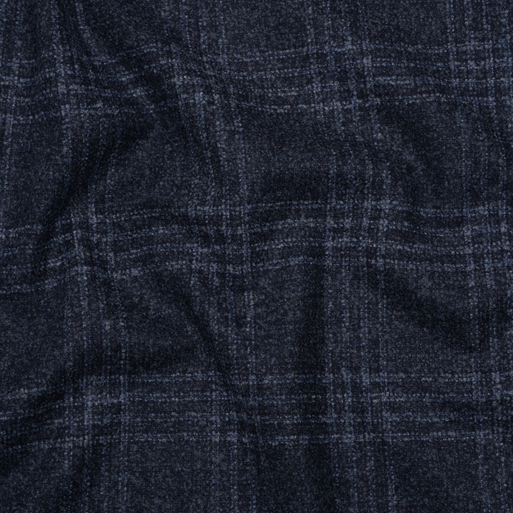 Wool, Silk and Cashmere Boucle Suiting Made in Italy - Blue and Navy Plaid - Deadstock