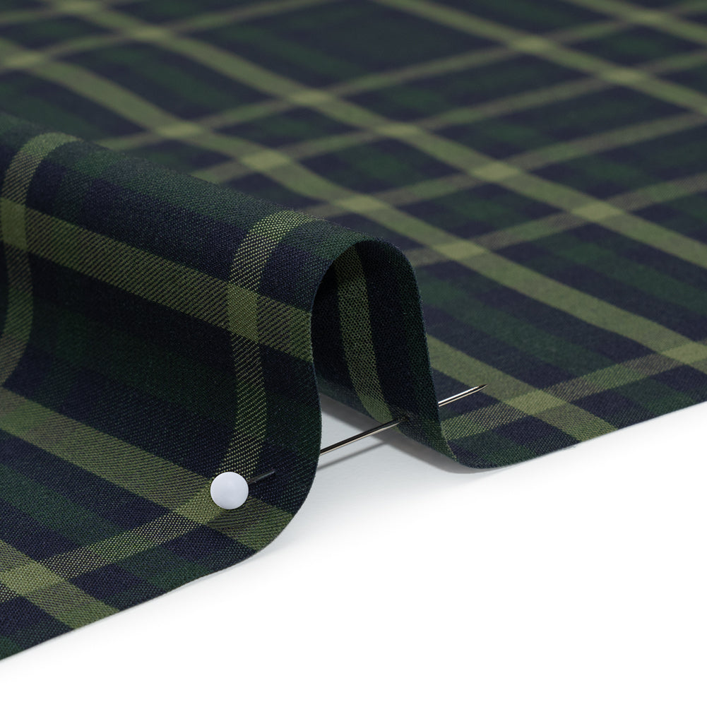 Cotton Twill Shirting - Navy, Emerald and Sage Green Plaid - Deadstock