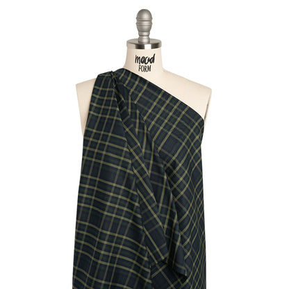 Cotton Twill Shirting - Navy, Emerald and Sage Green Plaid - Deadstock